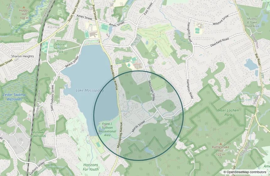 Map of Sharon, Massachusetts, with a circle around our neighborhood near Lake Massapoag